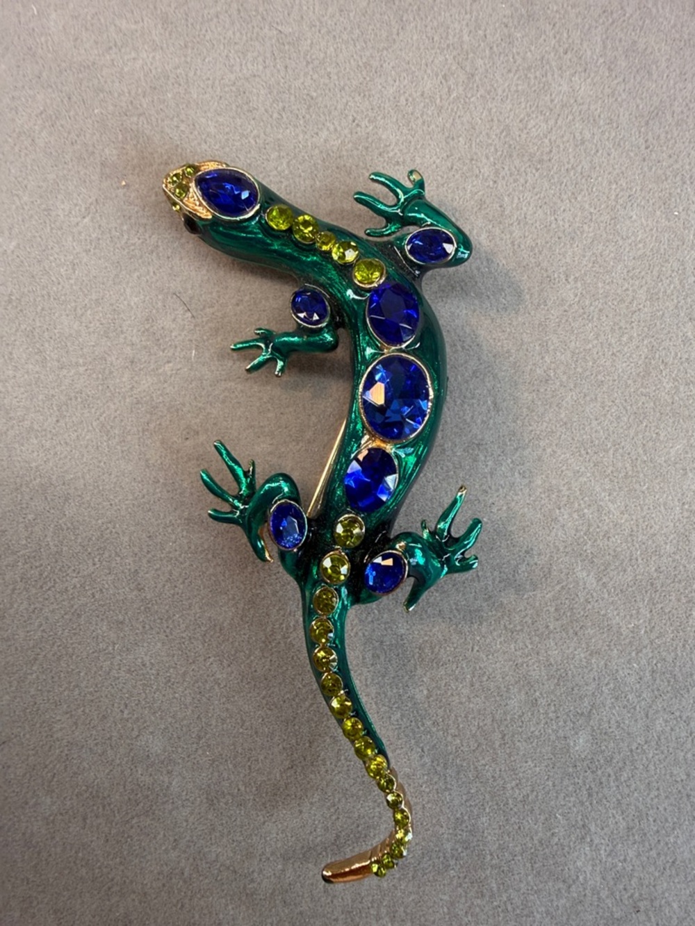 Green Crystal Gecko Brooch with Blue and Yellow Gem Accents